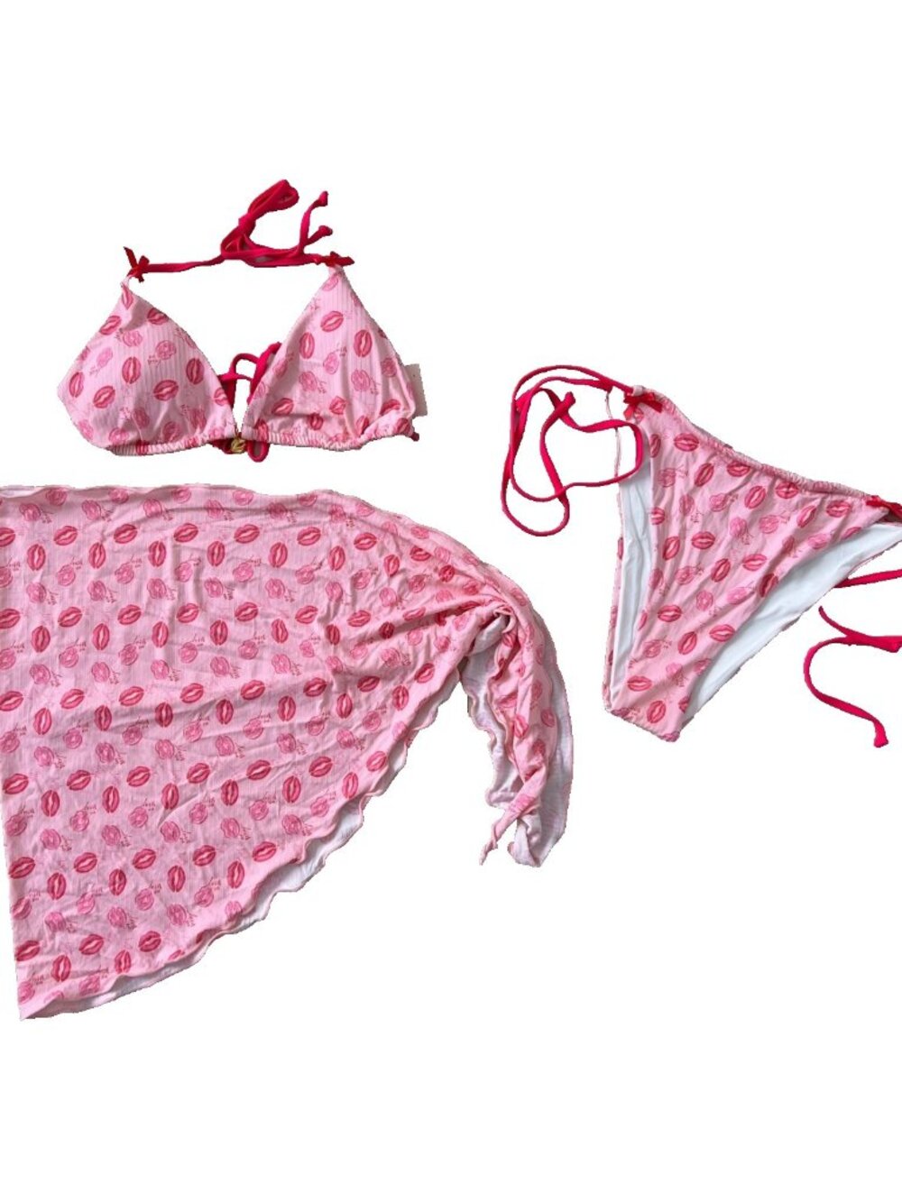 Betsey Johnson Swim Bikini Pareo Coverup Sarong Pink 3 Piece Set ( L )